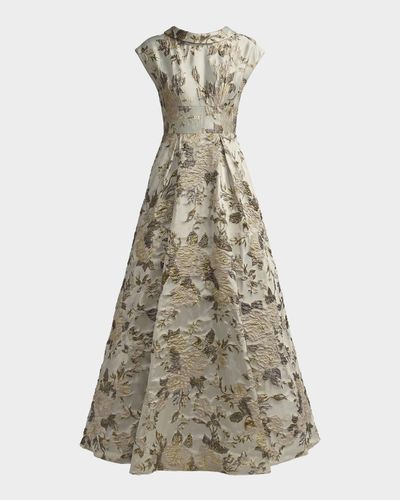 Mac Duggal Pleated Floral Brocade A-Line Gown