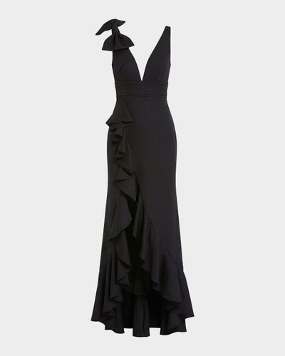 Mac Duggal Plunging High-Low Ruffle Crepe Gown