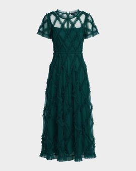 Mac Duggal Ruffled Diamond-Quilted Mesh Gown