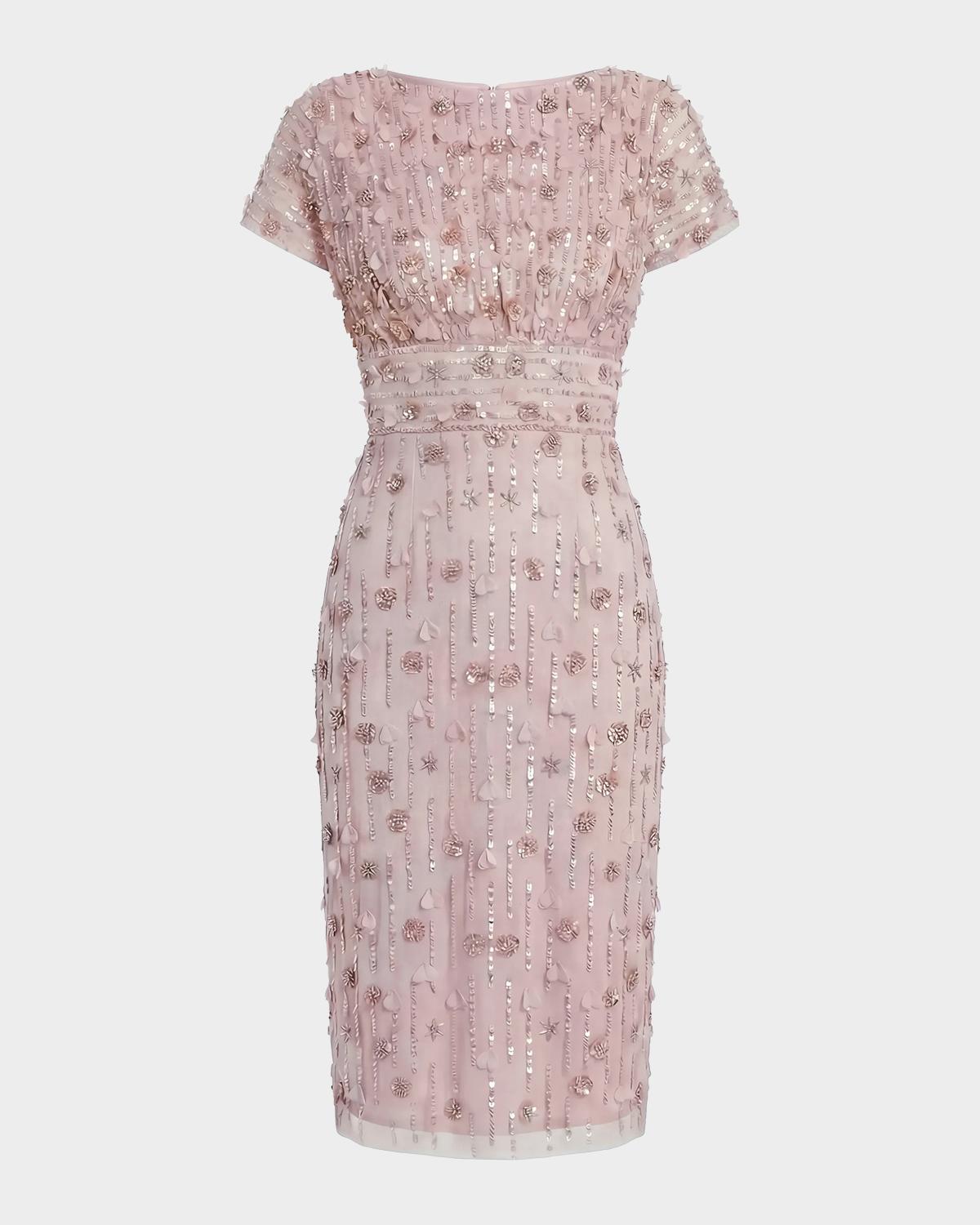 Mac Duggal Sequin-Beaded Cap-Sleeve Midi Dress