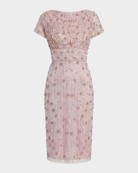 Mac Duggal Sequin-Beaded Cap-Sleeve Midi Dress