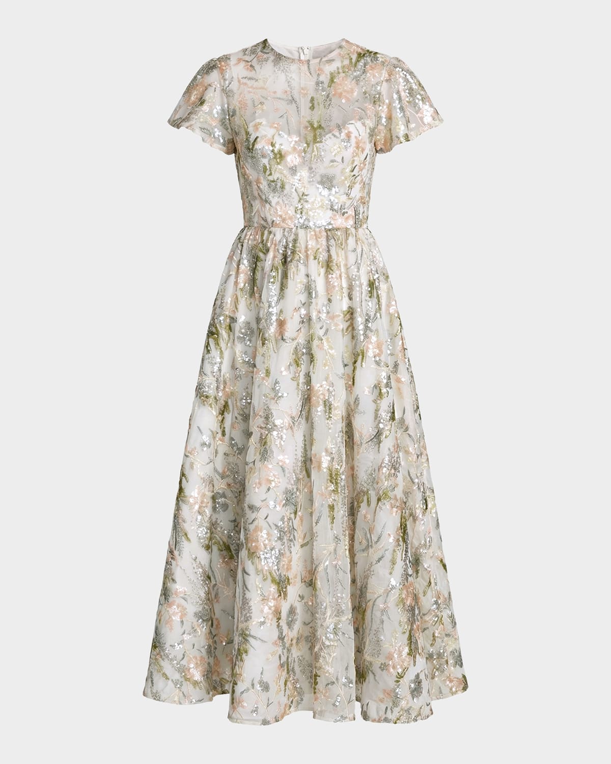 Mac Duggal Sequin Floral-Embroidered Tulle Midi Dress