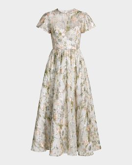 Mac Duggal Sequin Floral-Embroidered Tulle Midi Dress