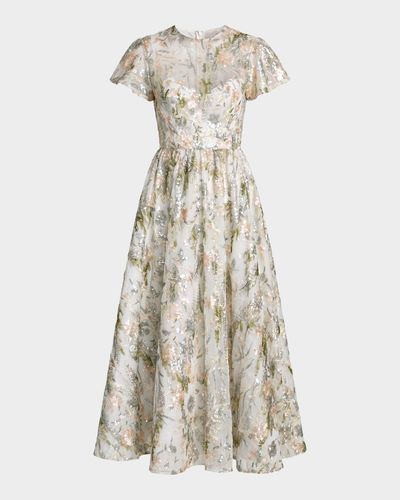 Mac Duggal Sequin Floral-Embroidered Tulle Midi Dress