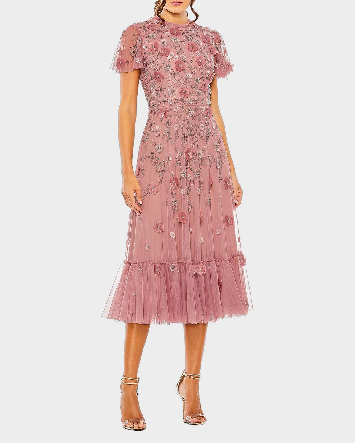 Mac Duggal Sequin Floral Applique Tulle Midi Dress