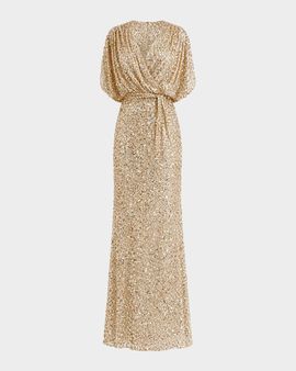 Mac Duggal Sequined Draped-Sleeve Gown