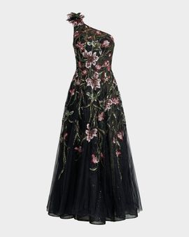 Mac Duggal Sequined Floral-Embroidered One-Shoulder Cocktail Maxi Dress