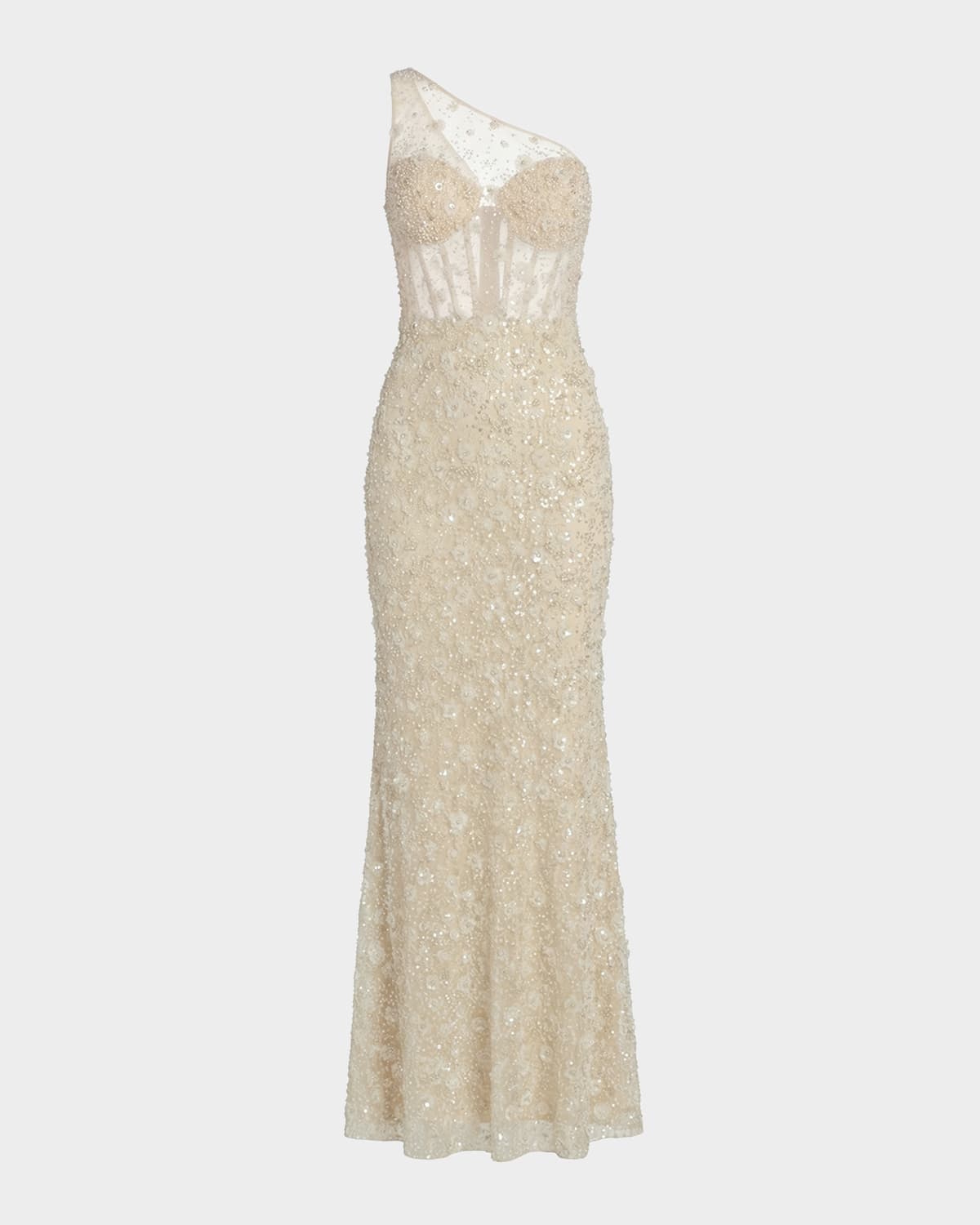 Mac Duggal Sequined Floral Mesh One-Shoulder Trumpet Gown