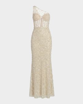 Mac Duggal Sequined Floral Mesh One-Shoulder Trumpet Gown