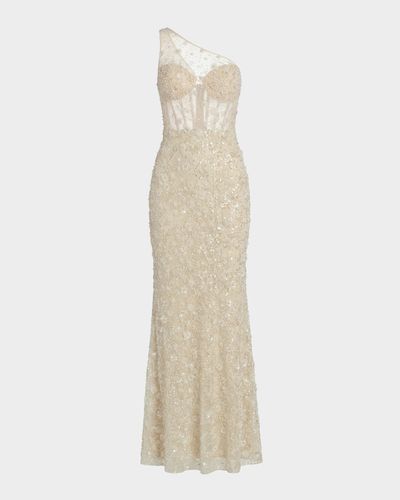 Mac Duggal Sequined Floral Mesh One-Shoulder Trumpet Gown