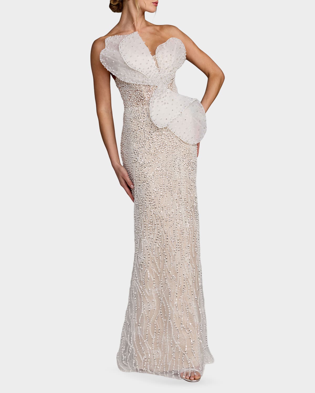 Mac Duggal Sequined Organza Strapless Bow Detail Column Gown