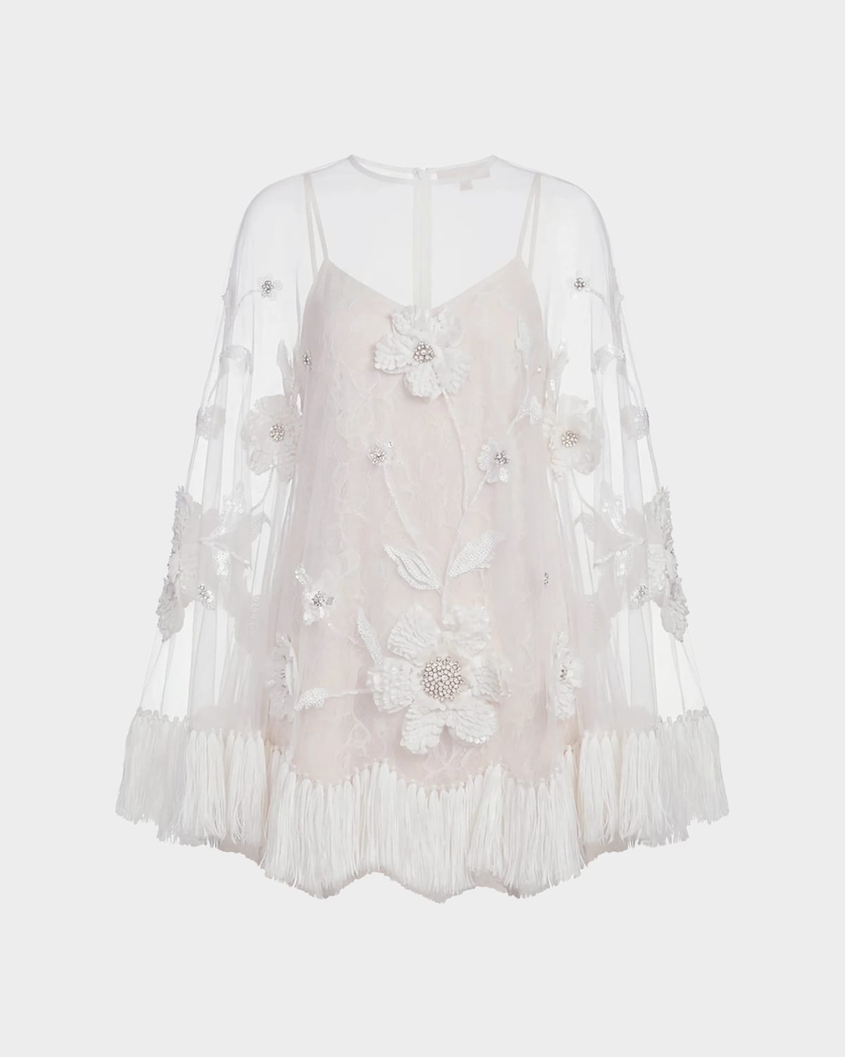 Mac Duggal Sheer Appliqué-Cape Mini Dress