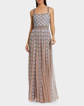 Mac Duggal Square-Neck Embroidered Mesh Gown