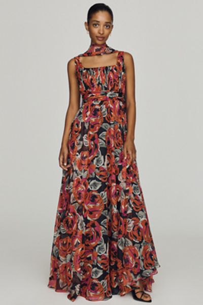 Mac Duggal Square-Neck Scarf Maxi Dress