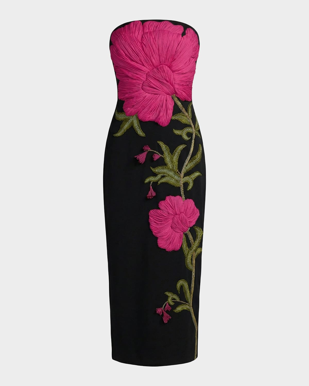 Mac Duggal Strapless Floral-Embroidered Crepe Midi Dress