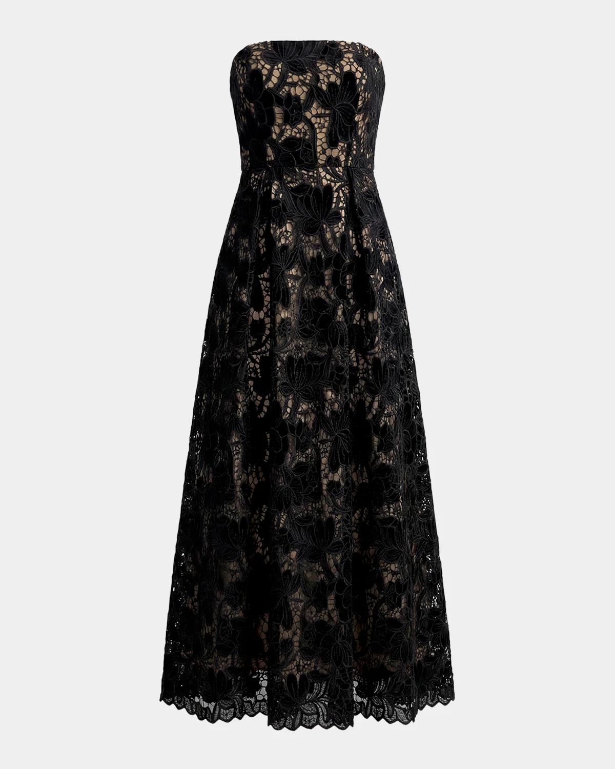 Mac Duggal Velvet Floral Lace Strapless Midi Dress