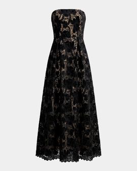 Mac Duggal Velvet Floral Lace Strapless Midi Dress