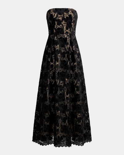 Mac Duggal Velvet Floral Lace Strapless Midi Dress