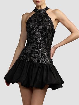 Mac Duggal Women's Beaded Lace Halterneck Bubble Hem Mini Dress