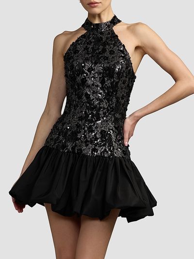 Mac Duggal Women's Beaded Lace Halterneck Bubble Hem Mini Dress