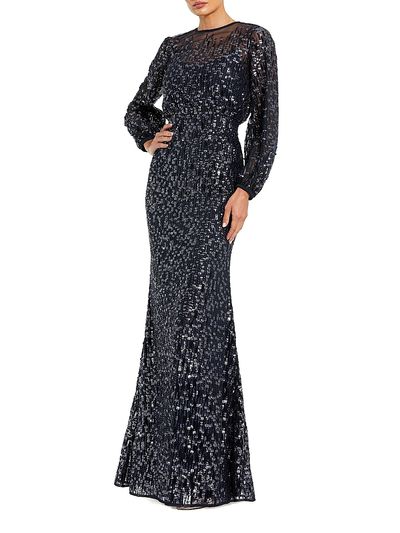 Mac Duggal Women's Beaded Mesh Long-Sleeve Blouson Gown