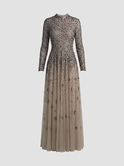 Mac Duggal Women's Beaded Mesh Mock Turtleneck Gown