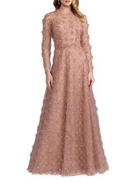 Mac Duggal Women's Beaded Tulle Long-Sleeve A-Line Gown