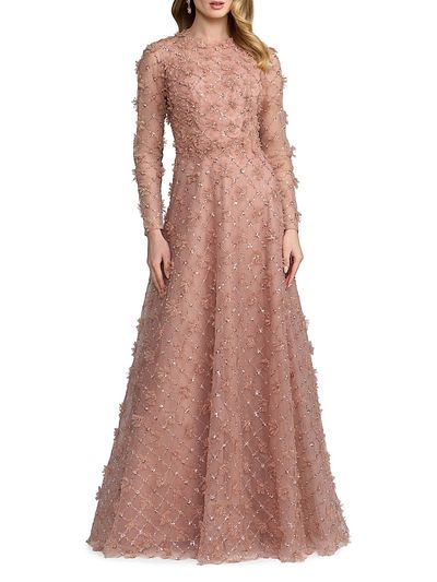 Mac Duggal Women's Beaded Tulle Long-Sleeve A-Line Gown