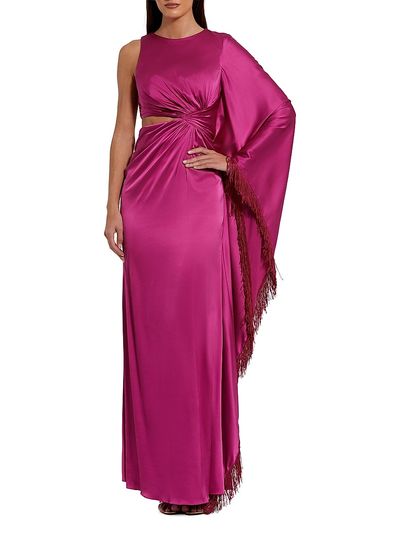 Mac Duggal Women's Charmeuse Asymmetric Fringe Cut-Out Gown
