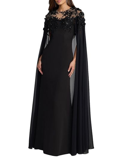 Mac Duggal Women's Chiffon Floral Embellished Cape Gown
