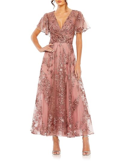 Mac Duggal Women's Embellished Flutter Sleeve Faux Wrap Gown