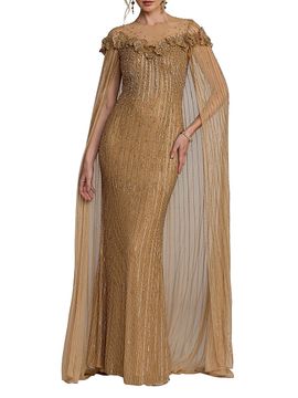 Mac Duggal Women's Floral Beaded Mesh Cape Gown