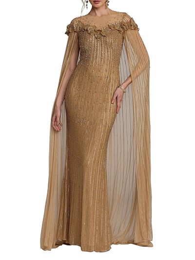 Mac Duggal Women's Floral Beaded Mesh Cape Gown
