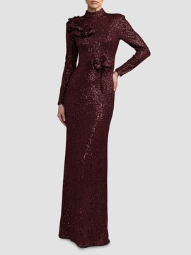 Mac Duggal Women's Floral Sequined Mock Turtleneck Gown
