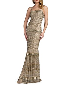 Mac Duggal Women's Geometric Beaded Mesh Trumpet Gown