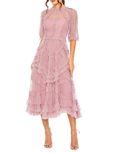 strapless open back dress Tea-Length Pink Wedding Guest Dress with Cap Sleeves– PromGirl