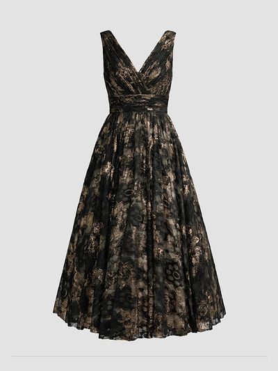 Mac Duggal Women's Metallic Lace V-Neck A-Line Midi Dress