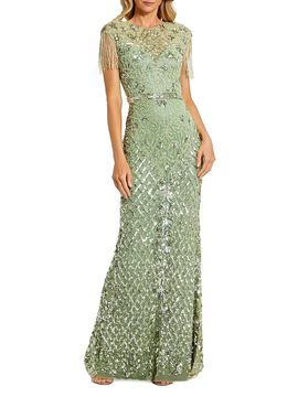 Mac Duggal Women's Petite Embellished Fringe Column Gown