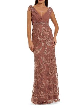 Mac Duggal Women's Petite Floral-Appliqué Embellished Chiffon Column Gown