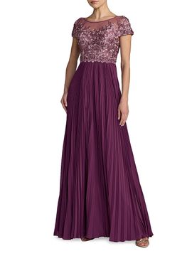 Mac Duggal Women's Petite Floral-Embroidered Pleated Gown