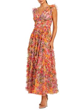 Mac Duggal Women's Petite Floral Tulle Ruffle Maxi Dress