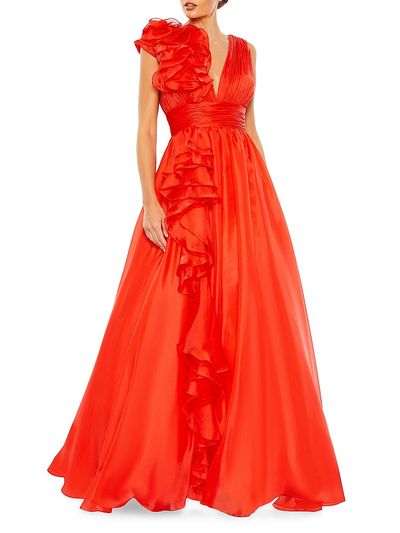 Mac Duggal Women's Satin Plunge Ruffled A-Line Gown