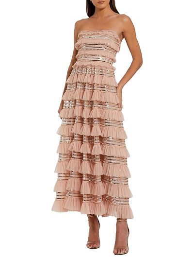 Mac Duggal Women's Sequin-Striped Ruffled Mesh Strapless Maxi Dress
