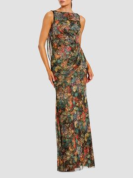 Mac Duggal Women's Sequin Floral Mesh Column Gown