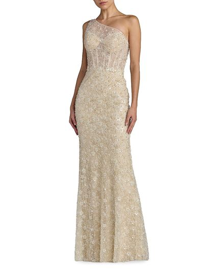 Mac Duggal Women's Sequined Floral Mesh One-Shoulder Trumpet Gown