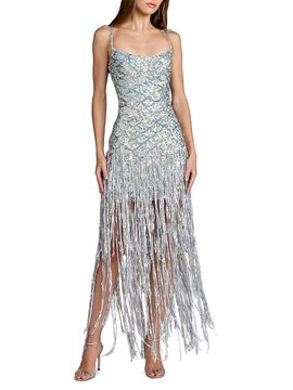 Mac Duggal Women's Sequined Fringe Mesh Gown