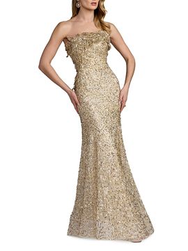 Mac Duggal Women's Srapless Beaded Mesh Trumpet Gown