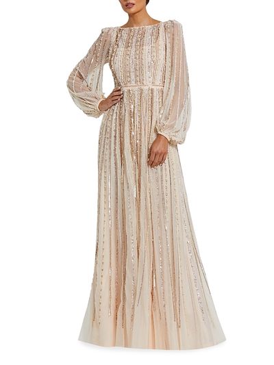 Mac Duggal Women's Striped Beaded Chiffon Boatneck Gown