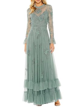 Mac Duggal Women's Tiered Embellished Mesh Flutter-Sleeve Gown
