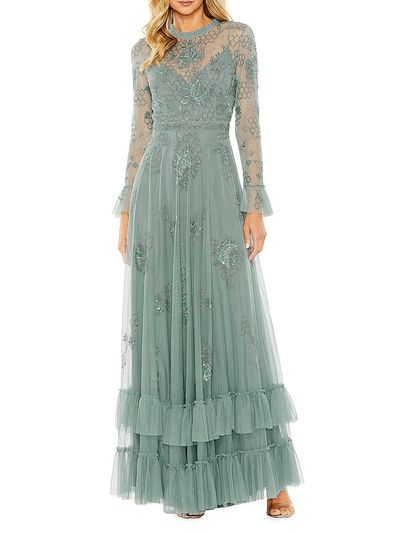 Mac Duggal Women's Tiered Embellished Mesh Flutter-Sleeve Gown